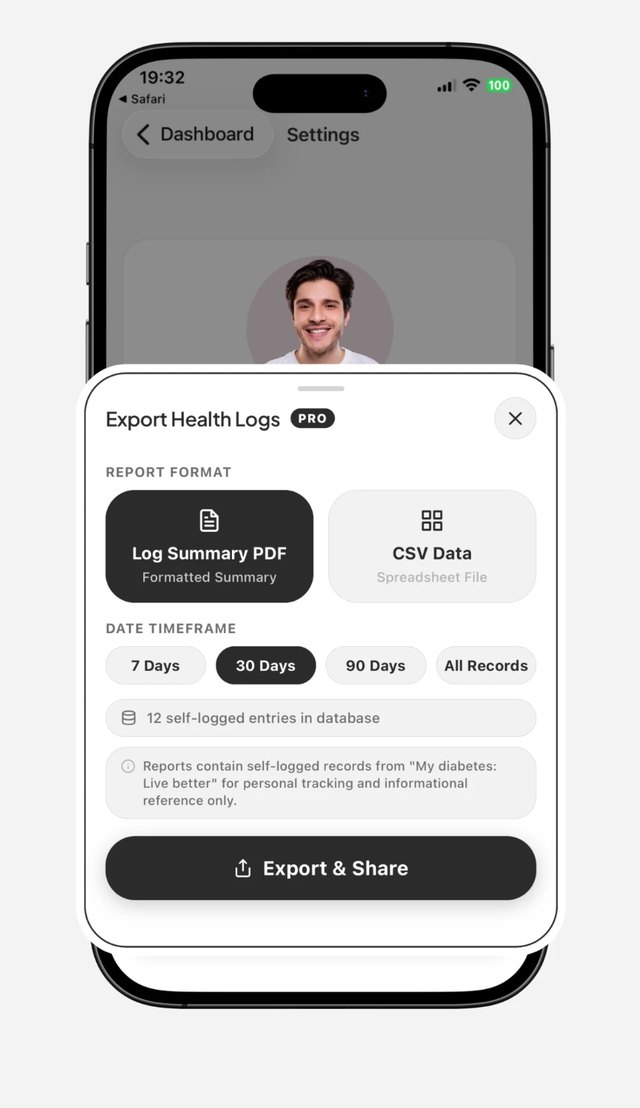 Export Health Logs sheet with PDF and CSV options