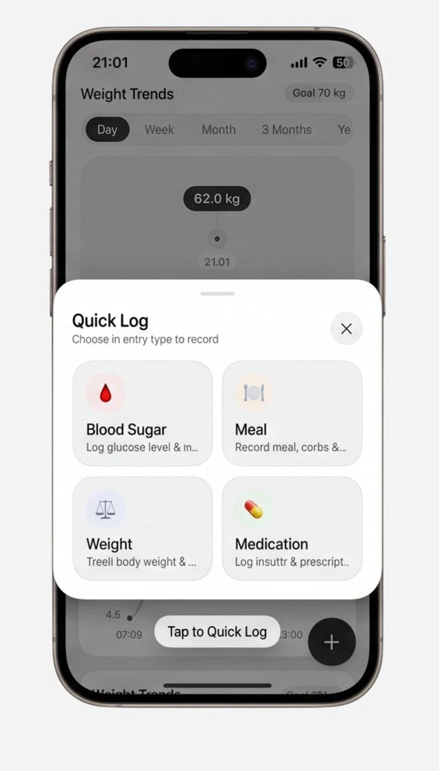 Quick Log sheet with blood sugar, meal, weight and medication options